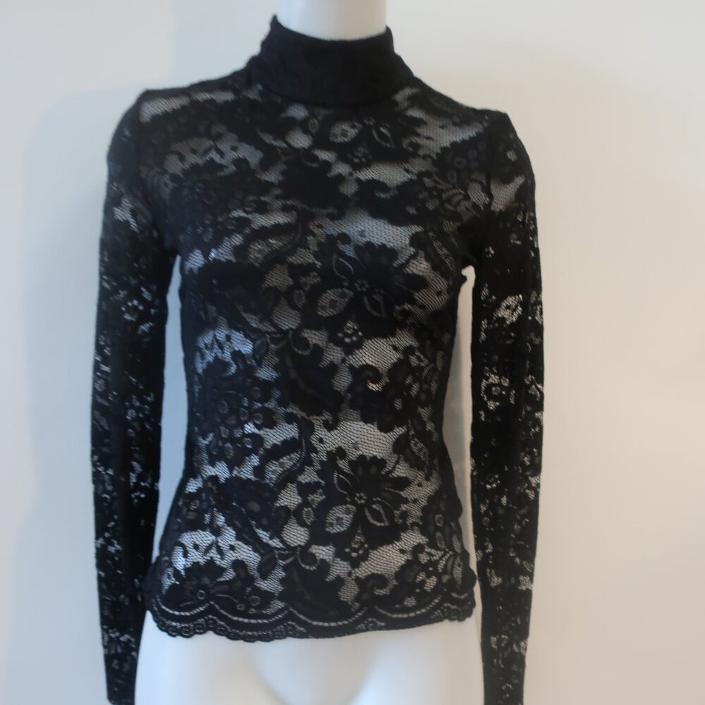 NWT Womens Generation Love Black Lace Mock Neck Top S